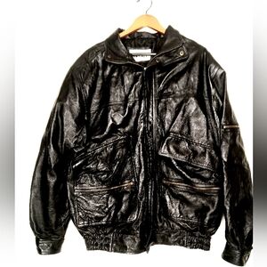 Black leather bomber jacket, king size XL